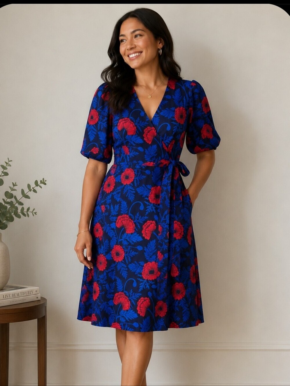 Hemloya Carmen Floral Wrap  Dress With 3/4 Sleeves Knee Lenght  - Red & Blue
